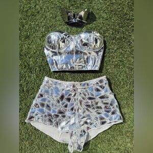 Fashion Nova 3 piece Silver Corset Top Booty Shorts Sunglasses Festival Set S